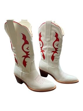 Women's White Lace-Up Western Boots with Red Inlay